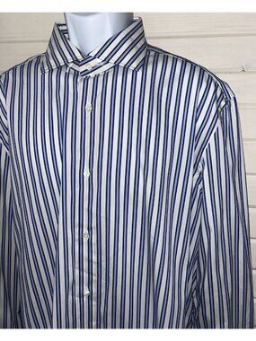 NWOT Luigi Borrelli Sz 17.5/44 Blue White Striped Shirt Spread Collar Cotton